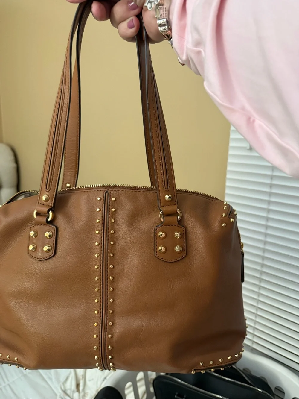 Michael Kors Brown Leather Stud-Accent Satchel